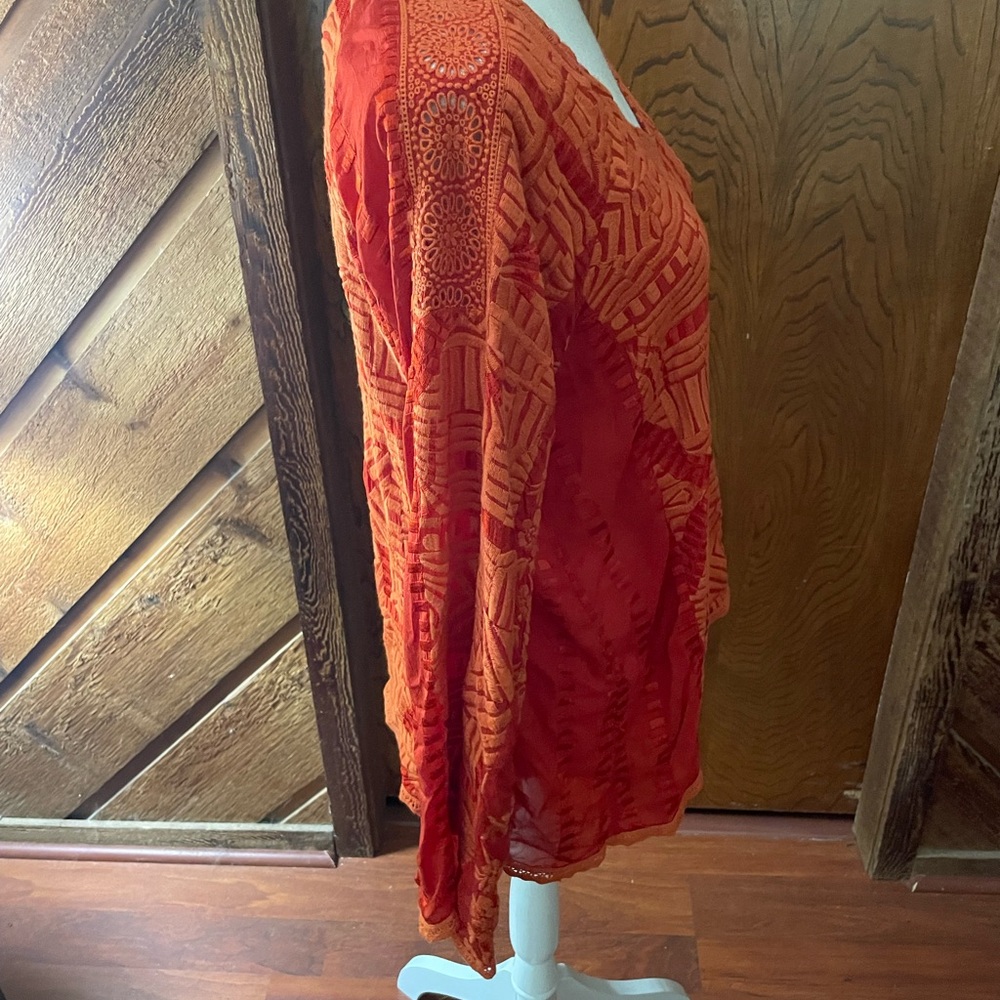 Johnny Was Orange Embroidery peasant blouse sz XS Vneck long sleeve eyelet lace - Picture 10 of 16